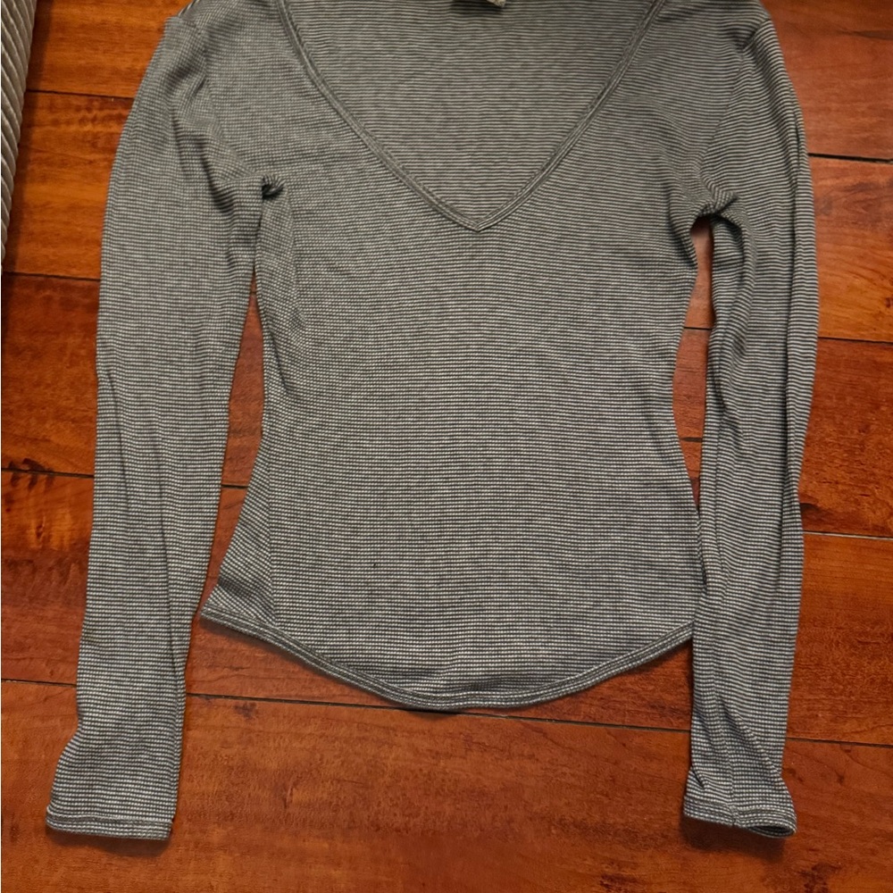 Free People Black and White Striped V-Neck Long Sleeve Top